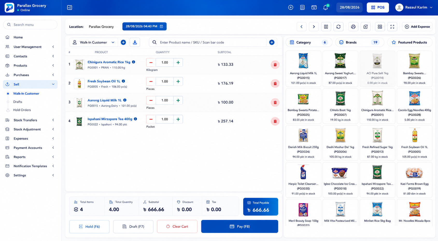 The Px POS counter screen, with a sale in progress